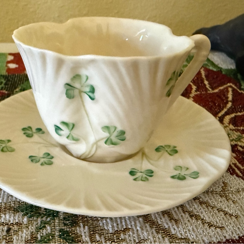 Belleek Ireland Teacup & saucer with Shamrock Accents